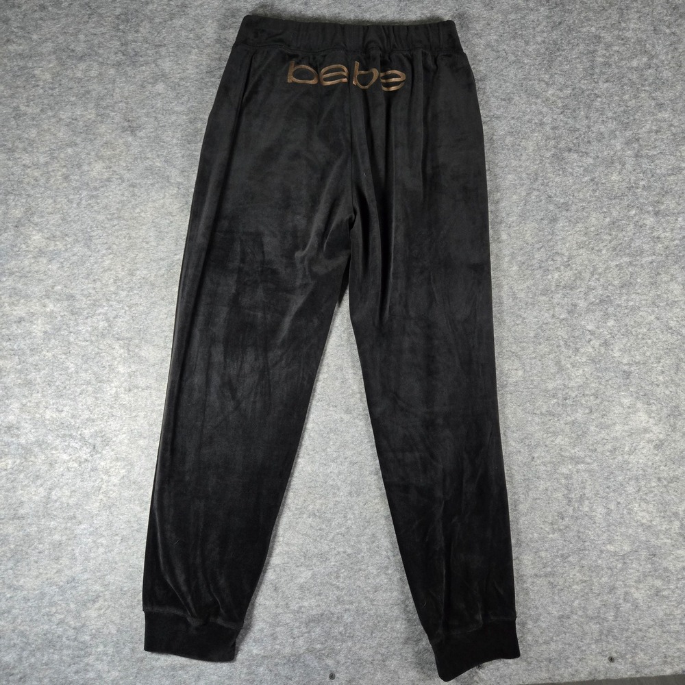 Y2K Bebe Black Velour Gold Logo Athleisure Jogger Pants S